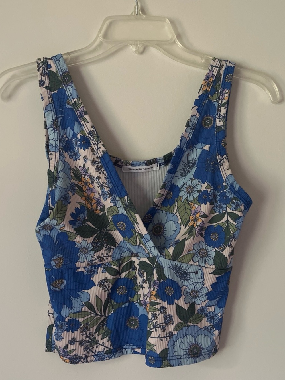 Caution To The Wind Blue Floral V-Neck Ribbed Tank